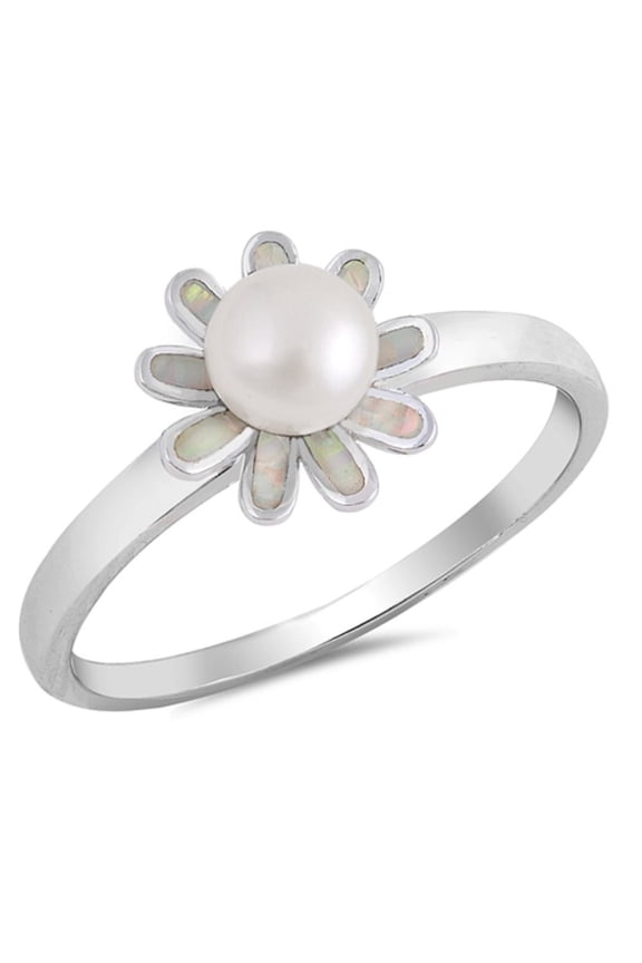 Simulated Pearl Surrounded With White Simulated Opal Flower Solitaire Ring Sterling Silver Size 8