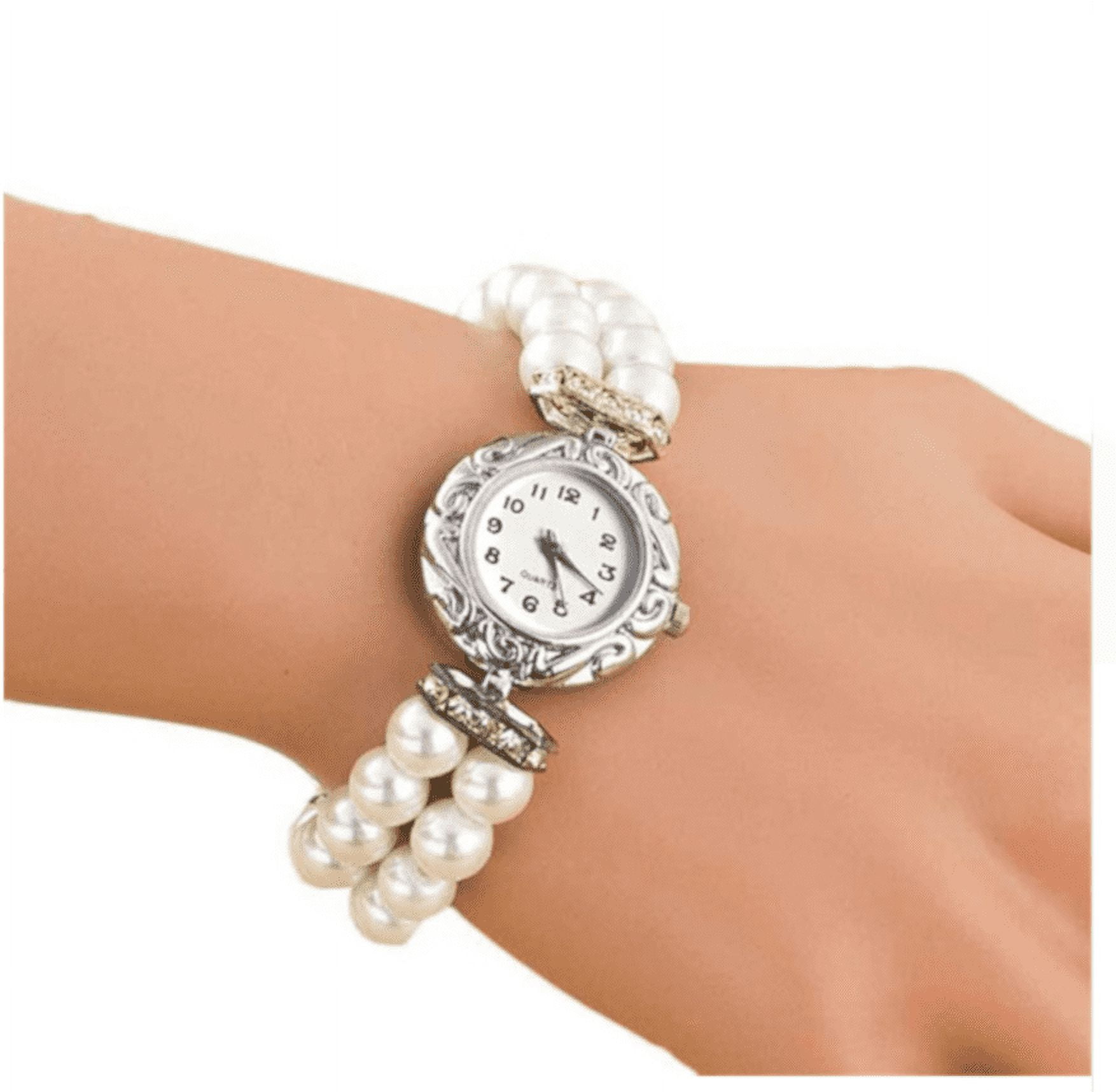 Simulated Pearl Watch with Crystal Stones Stretch Band 8 Mm Pearl W331P