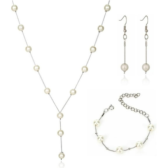Simulated Pearl Wedding Jewelry Set - Faux Pearl Necklace, Bracelet, Earrings - Adjustable Y-Shaped Necklace - Dainty Bridesmaid Gifts