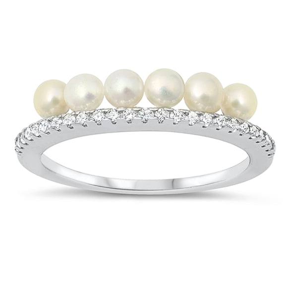 Simulated Pearls Beads Cubic Zirconia Crown Ring Sterling Silver Size 9