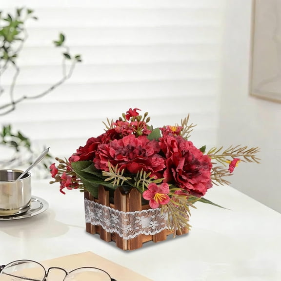 Simulated Peony Potted Wooden Fence, Artificial Flower Home Decor, Artificial Potted Table Desktop Silk Flower Arrangements for Living Room Bedroom Indoor Decoration, Red, 1pc