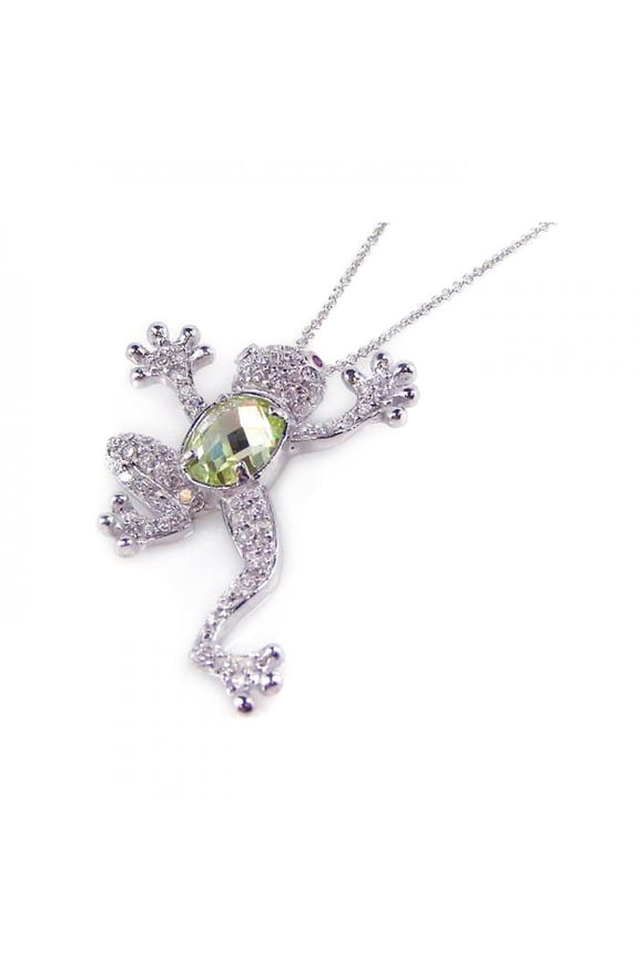 Simulated Peridot Center Clear Cubic Zirconia Walking Frog Necklace Rhodium Plated Sterling Silver