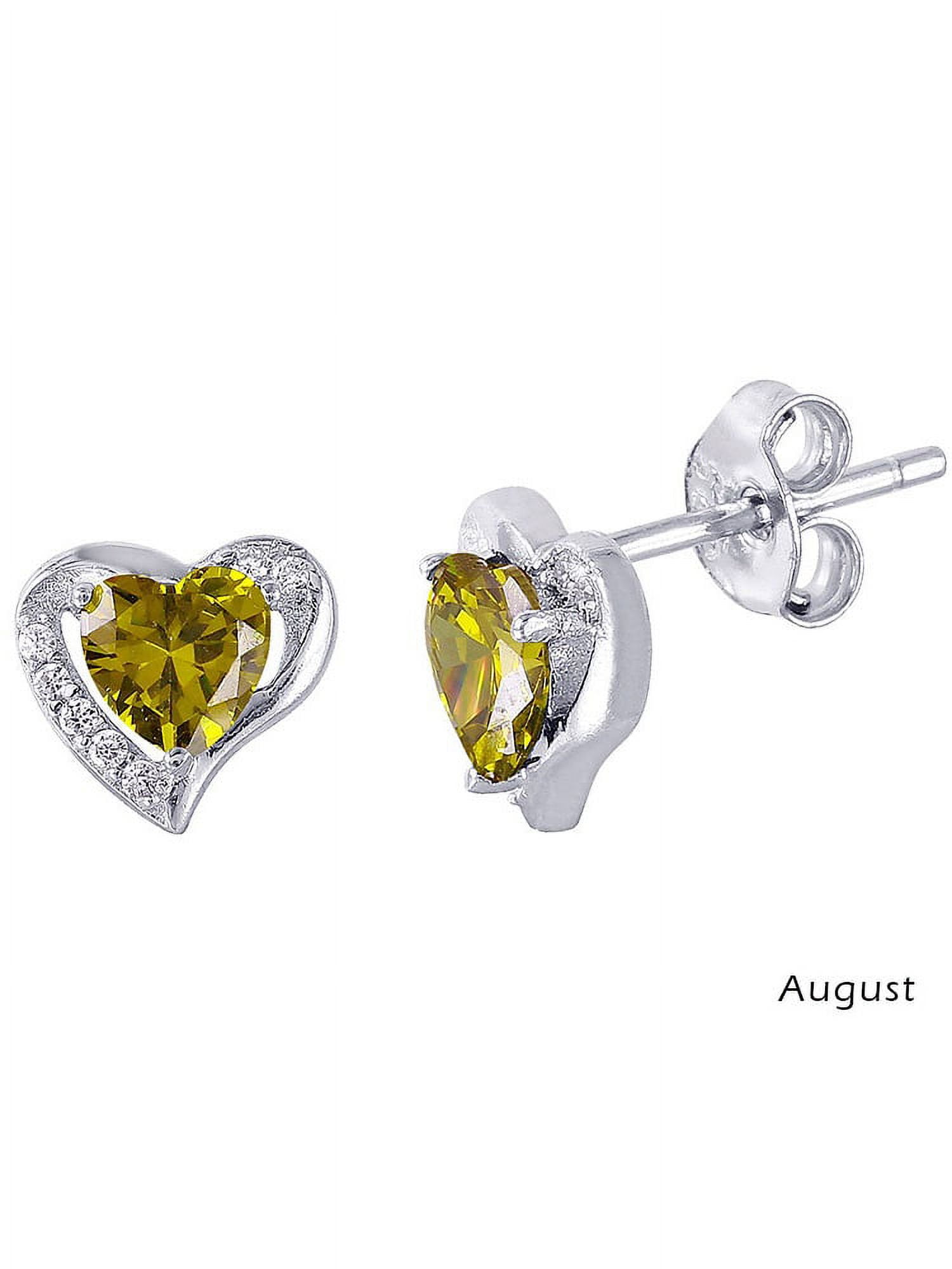 Simulated Peridot Cubic Zirconia August Birthstone Heart Earrings Rhodium Plated Sterling Silver