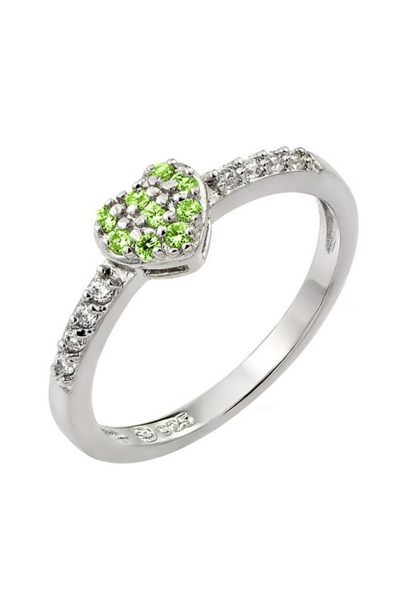 Simulated Peridot Inlay Cubic Zirconia August Birthstone Heart Ring Sterling Silver Size 8