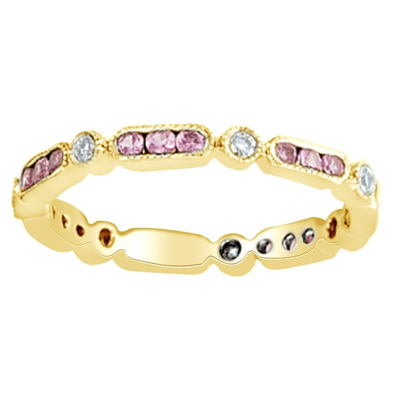 AFFY Simulated Pink Sapphire & Natural Diamond Eternity Band Ring 14K Yellow Gold (0.1 Ct)