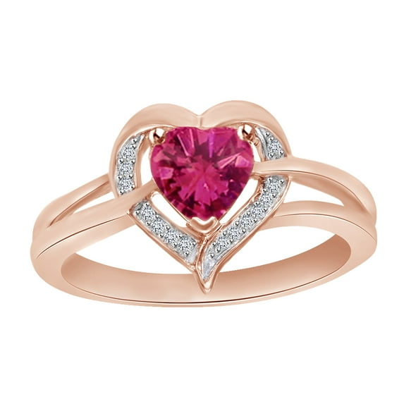 AFFY Simulated Pink Sapphire & White Cubic Zirconia Heart Ring in 14k Rose Gold Over Sterling Silver (0.81 Cttw), Ring Size- 9