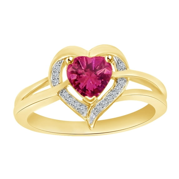 AFFY Simulated Pink Sapphire & White Cubic Zirconia Heart Ring in 14k Yellow Gold Over Sterling Silver (0.81 Cttw), Ring Size- 10.5