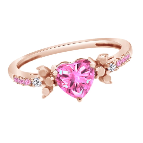 AFFY Simulated Pink Sapphire & White Natural Diamond Heart Ring In 10k Rose Gold, Ring Size-7.5