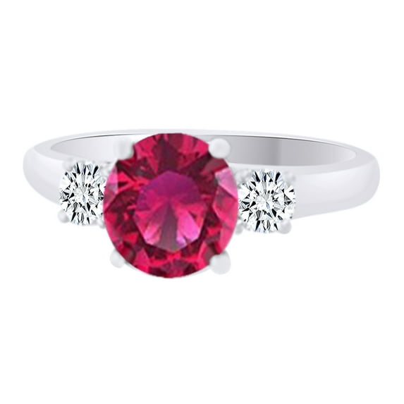 AFFY Simulated Pink Sapphire & White Natural Diamond Three Stone Engagement Wedding Ring In 14k White Gold (2.73 cttw)With Ring Size:-10.5