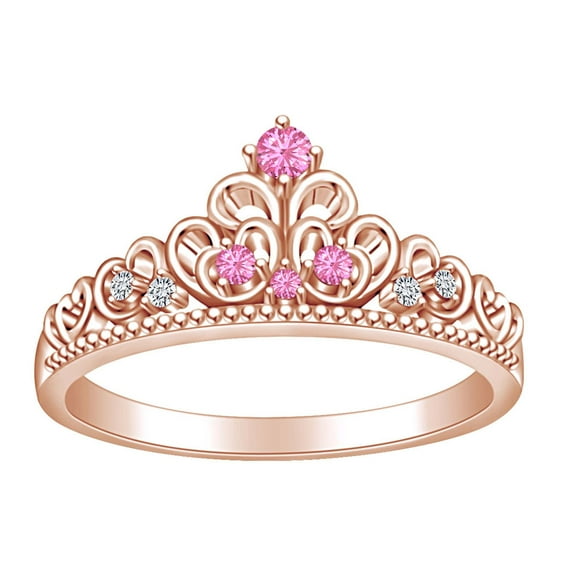 AFFY Simulated Pink Tourmaline & White Cubic Zirconia Crown Wedding Band Ring In 14k Rose Gold Over Sterling Silver Ring Size-5