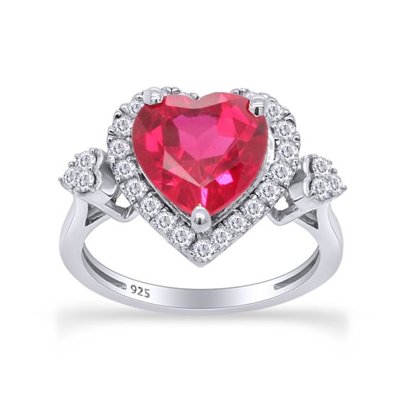 AFFY Simulated Pink and White Sapphire Heart Engagement Anniversary Ring in 14k White Gold Over Sterling Silver-7.5