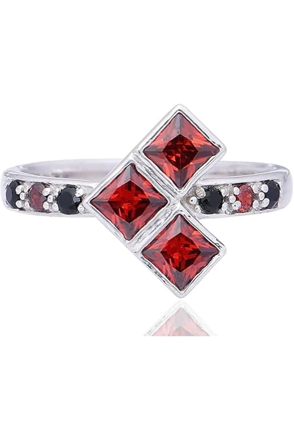 Simulated Princess Cut Red Garnet and Black 925 Sterling Silver Women's Engagement Ring Inspired Harley Queen Ring In 14k White Gold Plated