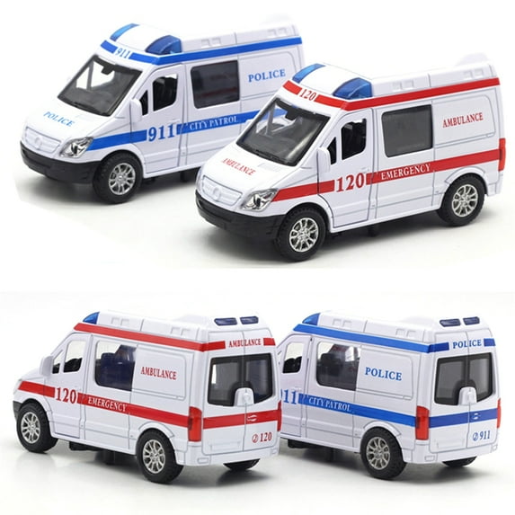 Simulated Pull Back Sound Light Ambulance Police Car Fire Truck Kids Toy Gift