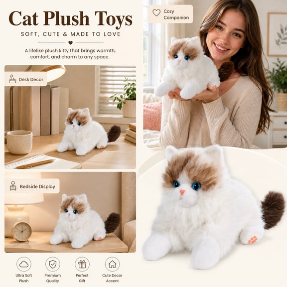 Simulated Ragdoll Cat Plush Toy, Cute Stuffed Animal with Soft Plush Bib, Lying Posture Tricolour Cat Fluffy Doll, for Birthday Gift Home Decor Sofa Display Play Companion 1pcs