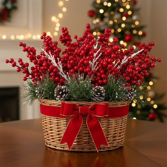 Simulated Red Berry Christmas Branch Picks - 2-Pack PVC Berry Stems for Tree Decor, Wreaths, and Centerpieces, 8.27 Inches Long