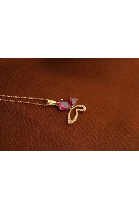 Simulated Red Ruby 1.20Ct Pear Cut Women's Weddings Gift Butterlfy Pendant 14K Yellow Gold plated 18"