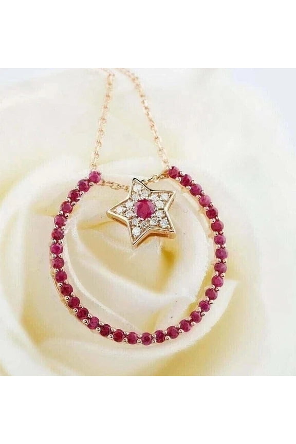 Simulated Red Ruby 2Ct Round Cut Women's Gift Circle Pendant 14K Yellow Gold Plated 18"