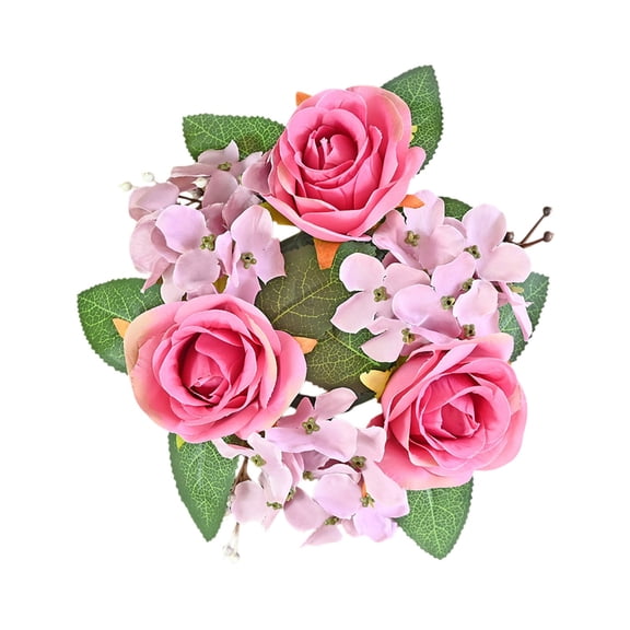 Simulated Rose and Hydrangea Flower Wreath with Green Leaves for Candle Table Decor, Multicolor Plastic 27x27cm