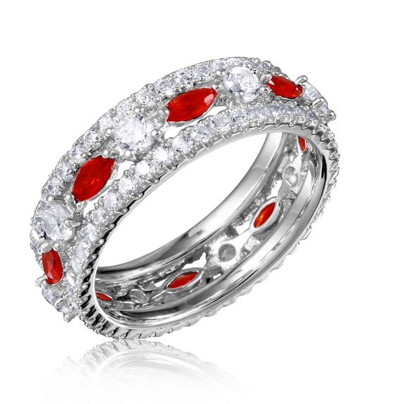 Simulated Ruby And Clear Cubic Zirconia Alternative Fashion Ring Rhodium Plated Sterling Silver Size 6