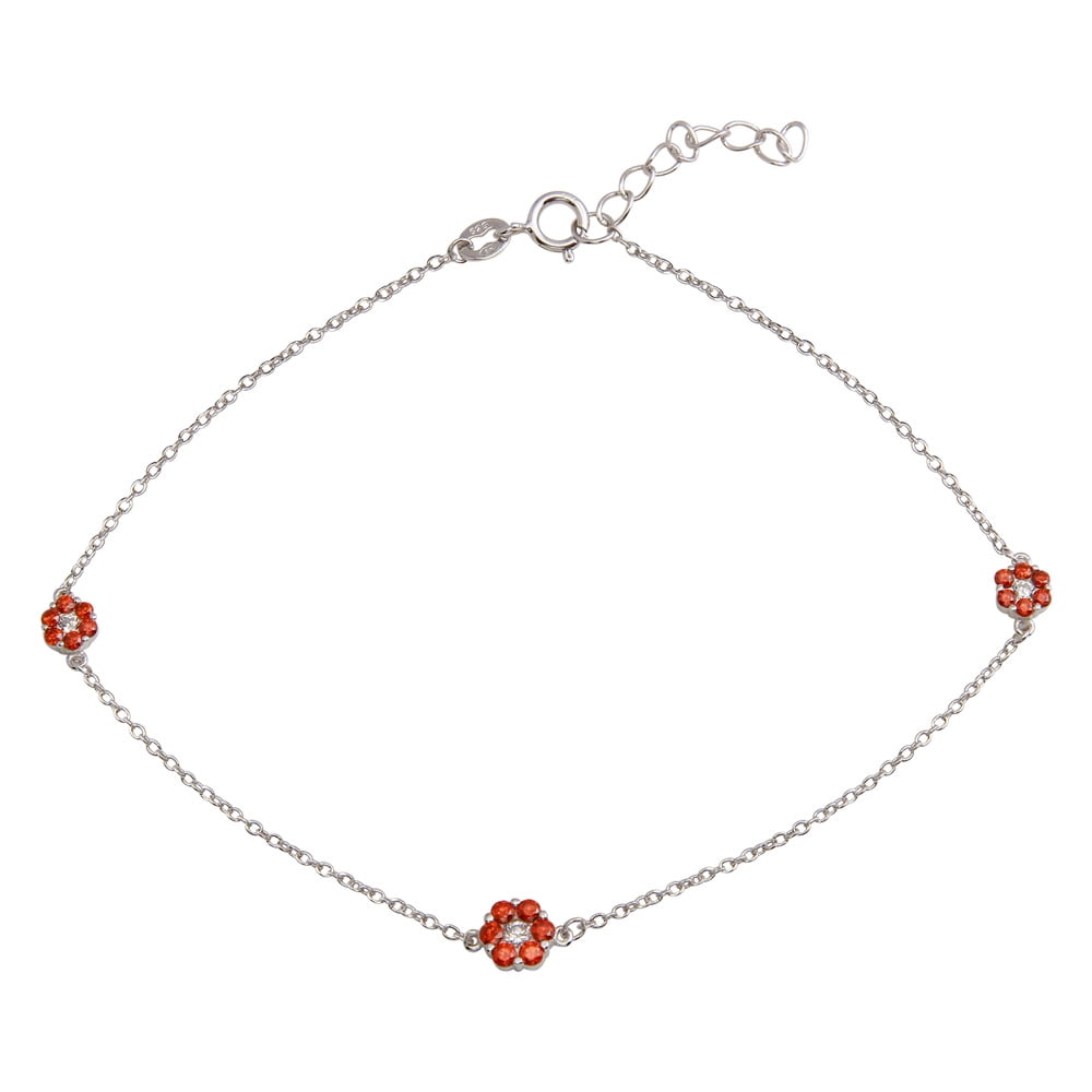 Simulated Ruby Cubic Zirconia Flower Anklet Rhodium Plated Sterling Silver