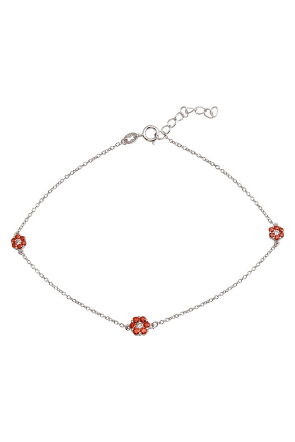 Simulated Ruby Cubic Zirconia Flower Anklet Rhodium Plated Sterling Silver