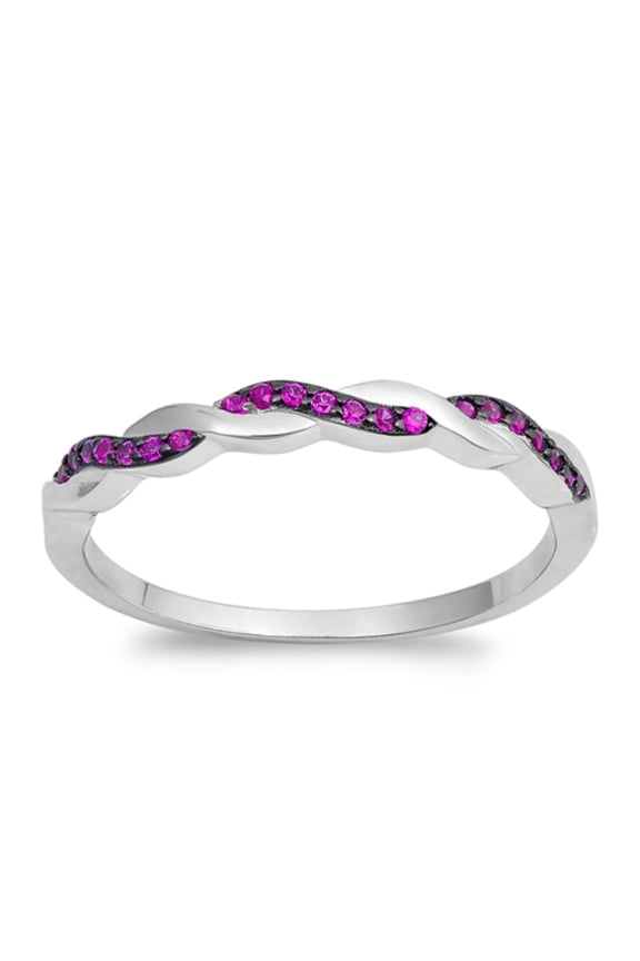 Simulated Ruby Cubic Zirconia Half Way Braided Band Ring Sterling Silver