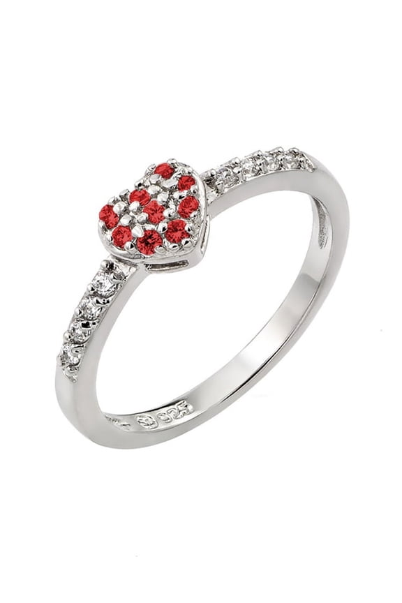 Simulated Ruby Inlay Cubic Zirconia July Birthstone Heart Ring Sterling Silver Size 8