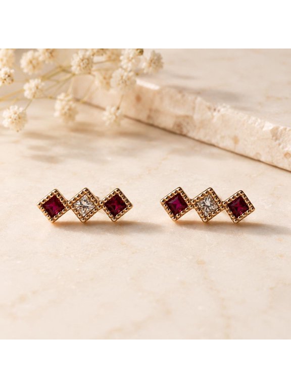 Simulated Ruby Moissanite Stud Earrings Princess Cut Simulated Ruby Earrings July Birthstone Earrings Simulated Ruby Bar Studs