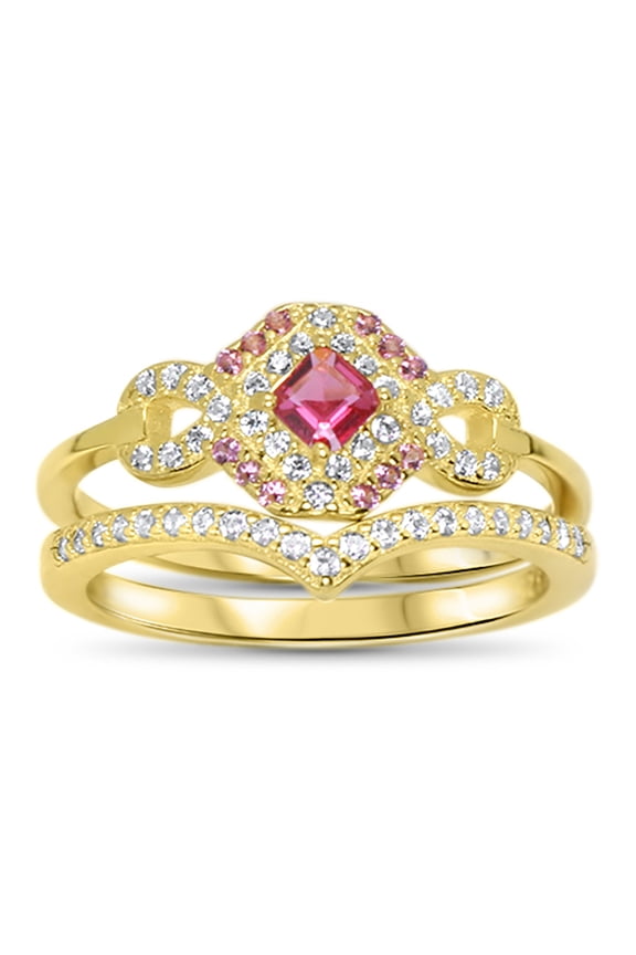 Simulated Ruby Red Engagement Ring Wedding Band Set CZ Bridal Rings Silver Size 9