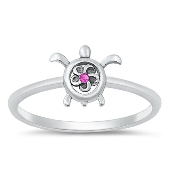 Simulated Ruby Sea Turble Ring .925 Sterling Silver Flower Band Red CZ Jewelry Female Size 4
