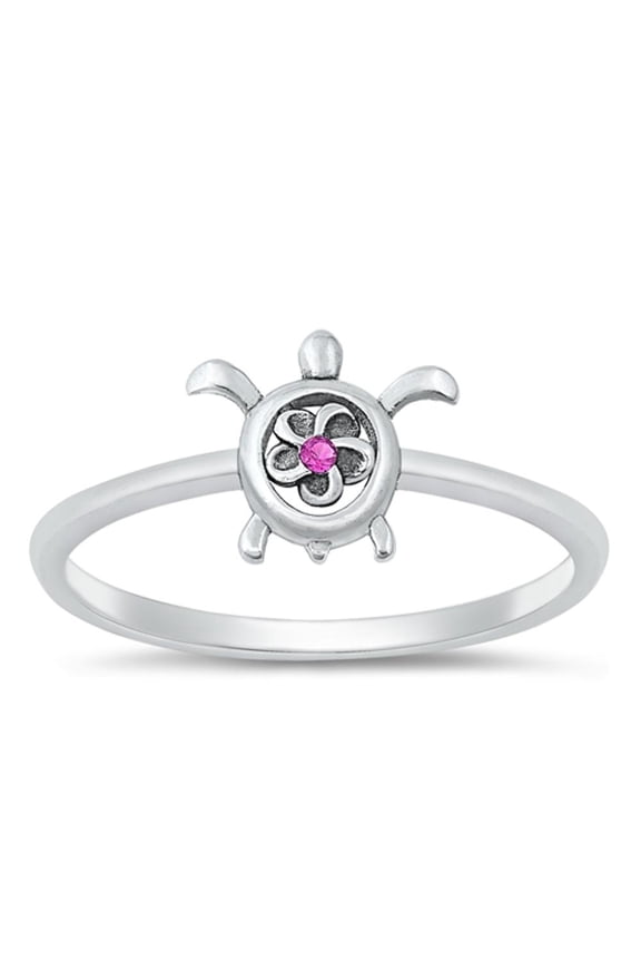 Simulated Ruby Sea Turble Ring .925 Sterling Silver Flower Band Red CZ Jewelry Female Size 4