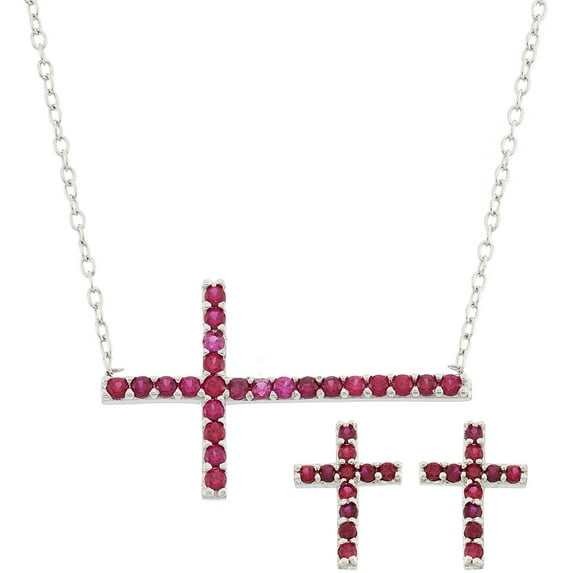 Simulated Ruby Sterling Silver Sideways Cross Necklace and Earrings 2-Piece Set