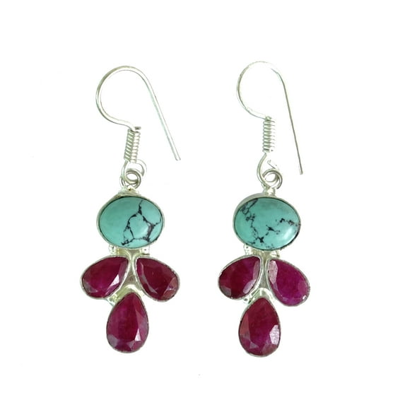 Simulated Ruby & Turquoise Gemstone Drop Earrings Handcrafted 925 Sterling Silver Plated Jewelry