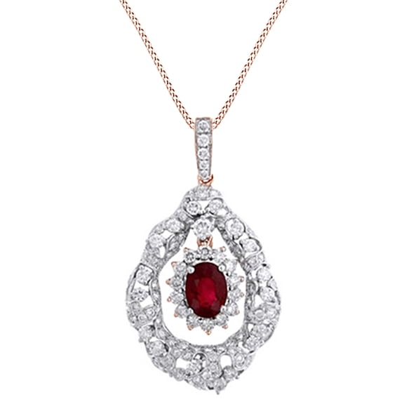 AFFY Simulated Ruby & White CZ Vintage Style Pendant Necklace In 14k Rose Gold
