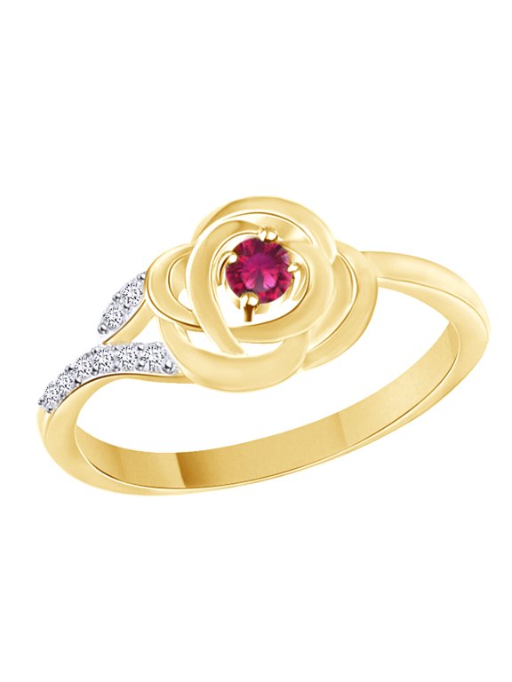 Simulated Ruby & White Cubic Zirconia Flower Promise Ring in 14k Yellow Gold Over Sterling Silver, Ring Size - 7.5