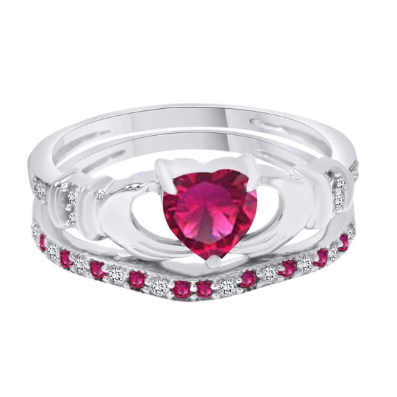 AFFY Simulated Ruby & White Cubic Zirconia Heart Promise Bridal Ring Set In 14k White Gold Over Sterling Silver Ring Size-11