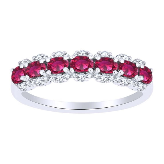 AFFY Simulated Ruby & White Natural Diamond Anniversary Band Ring In 14k Solid White Gold (1.17 cttw) Ring Size-11.5