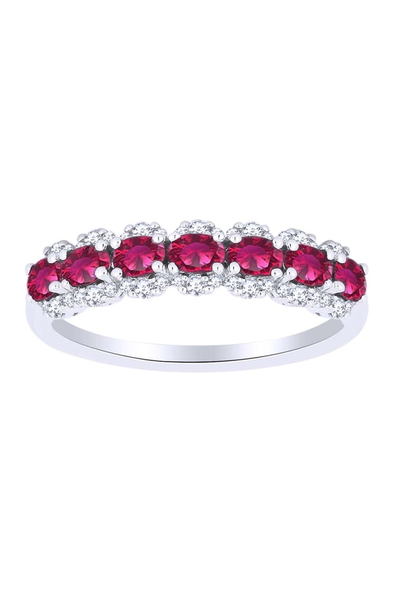 Simulated Ruby & White Natural Diamond Anniversary Band Ring In 14k Solid White Gold (1.17 cttw) Ring Size-5
