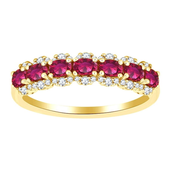 AFFY Simulated Ruby & White Natural Diamond Anniversary Band Ring In 14k Solid Yellow Gold (1.17 cttw) Ring Size-8.5