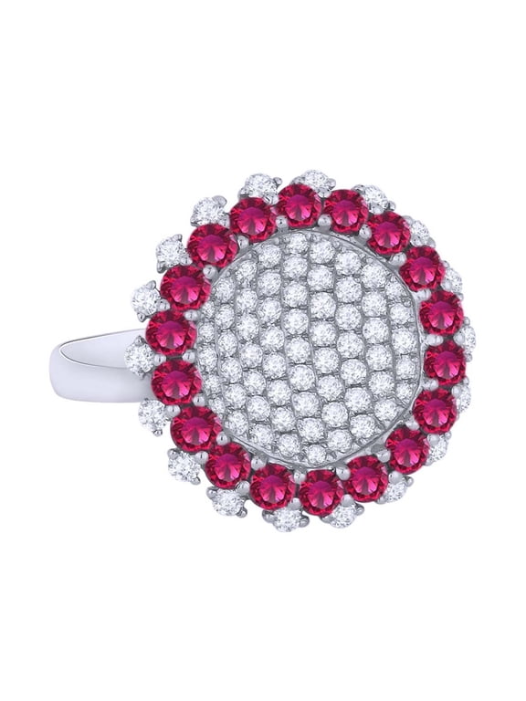 Simulated Ruby & White Natural Diamond Cocktail Ring In 14K Solid White Gold (2.43 cttw) Ring Size-9.5