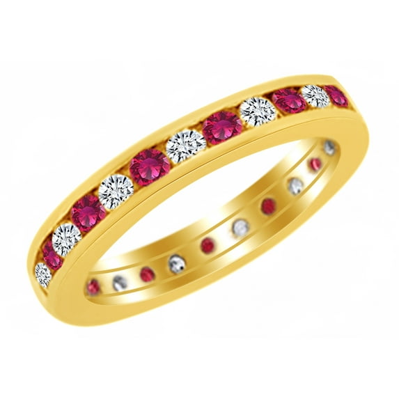 AFFY Simulated Ruby & White Natural Diamond Eternity Band Ring in 14k Yellow Gold (0.33 Ct) Ring Size - 8.5