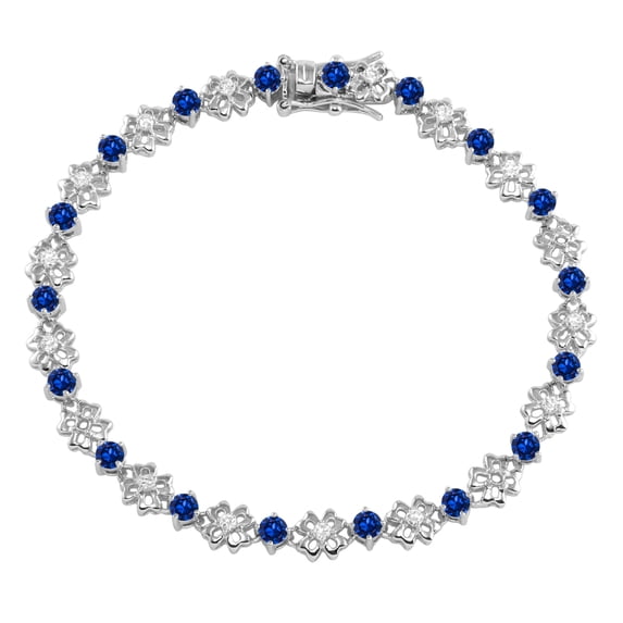 Simulated Sapphire And Clear Cubic Zirconia Flower Link Bracelet Rhodium Plated Sterling Silver