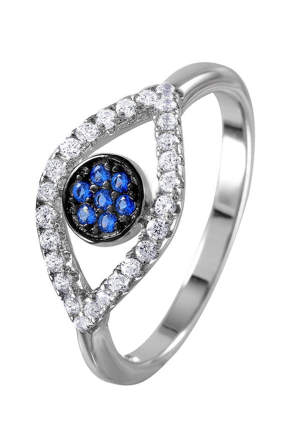 Simulated Sapphire And Clear Evil Eye Ring Rhodium Plated Sterling Silver Size 5