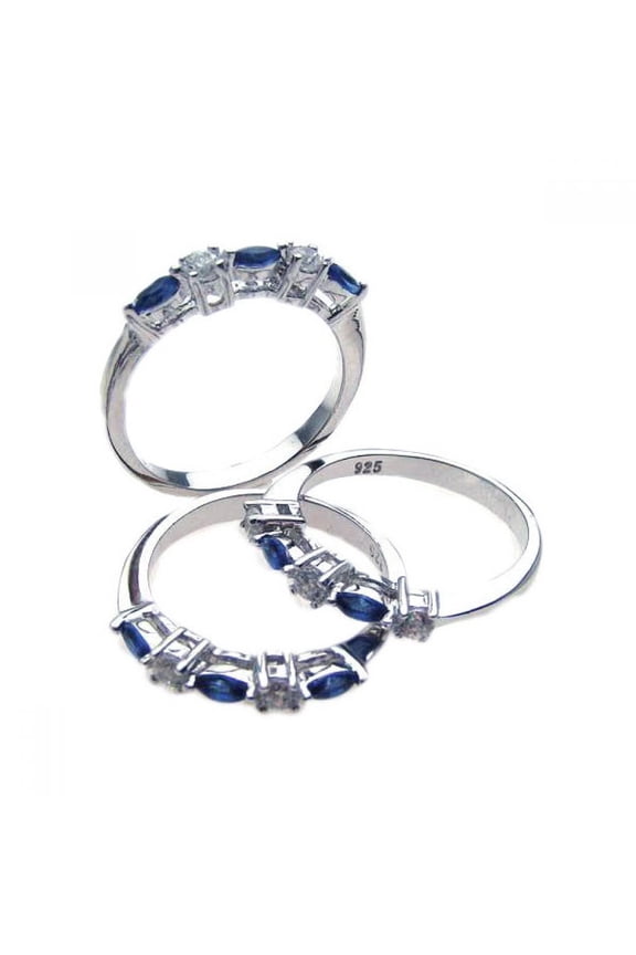 Simulated Sapphire And Clear Prong Set Cubic Zirconia Three Bands Stackable Ring Sterling Silver Size 6
