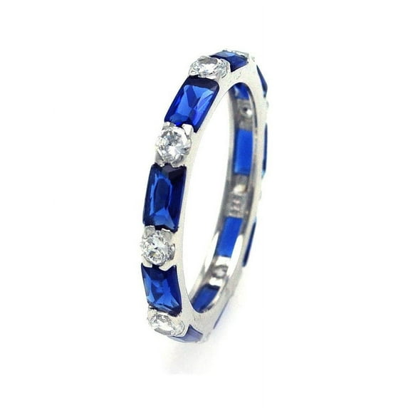 Simulated Sapphire Baguette And Clear Round Cubic Zirconia Alternate Eternity Ring Sterling Silver Size 6
