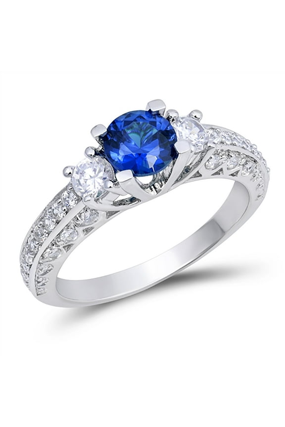 Simulated Sapphire Cubic Zirconia Three Stone Engagement Ring Sterling Silver Size 12
