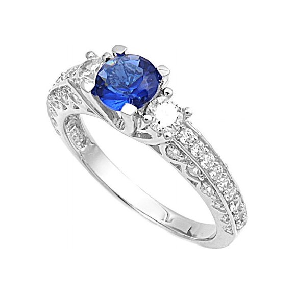 Simulated Sapphire Cubic Zirconia Three Stone Engagement Ring Sterling Silver Size 8