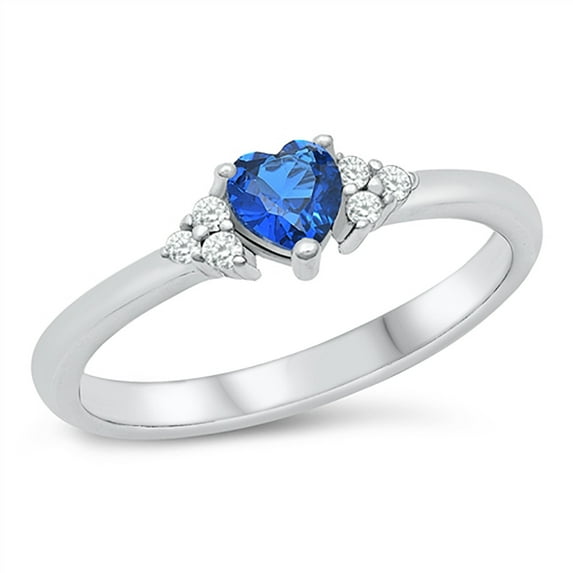 Simulated Sapphire Cubic Zirconia Triple Sides Heart Promise Ring Sterling Silver Size 4
