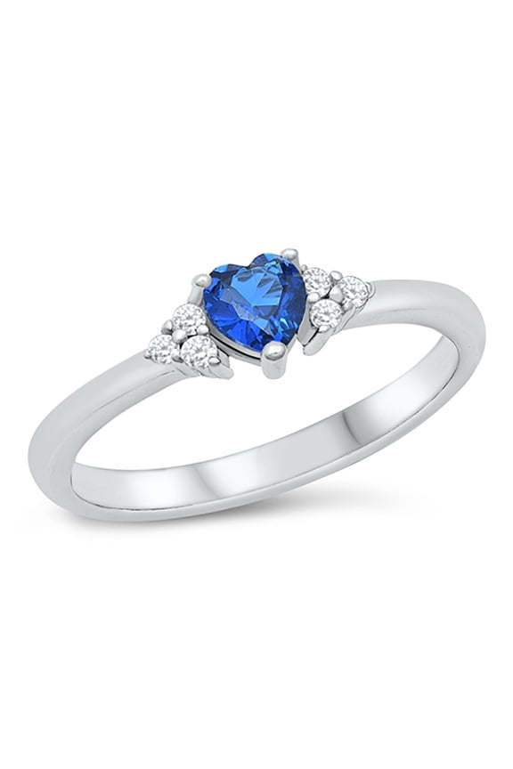 Simulated Sapphire Cubic Zirconia Triple Sides Heart Promise Ring Sterling Silver Size 5