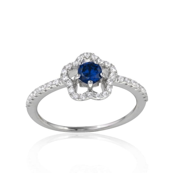 Simulated Sapphire Micropave Cubic Zirconia Clover Ring Rhodium Plated Sterling Silver Size 7